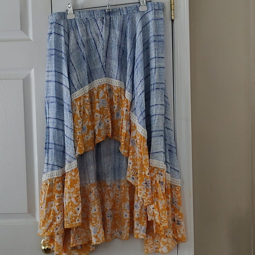 Melissa Paige Asymmetric Maxi Skirt Striped floral blue yellow high low  Sz XL